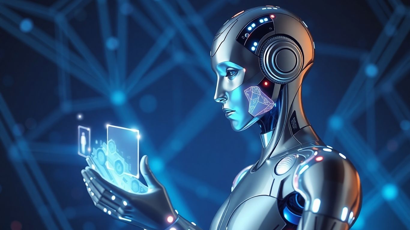Futuristic AI agent interacting with holographic interfaces.