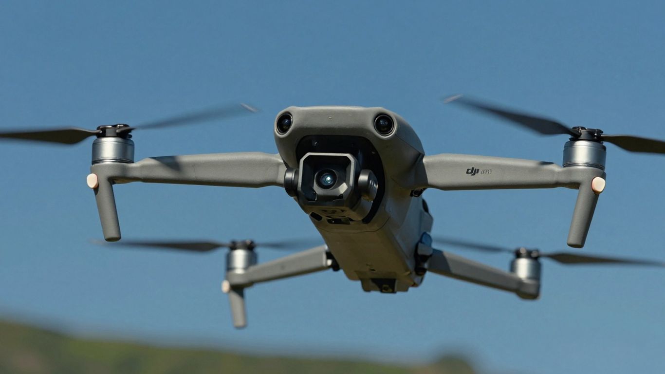 DJI Mini 3 Pro drone flying in blue sky.