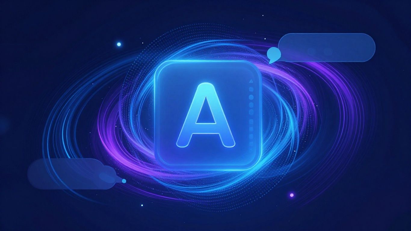 Futuristic AI chatbot interface with glowing blue and purple elements.