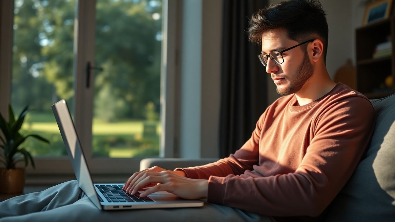 Person typing on laptop at home.