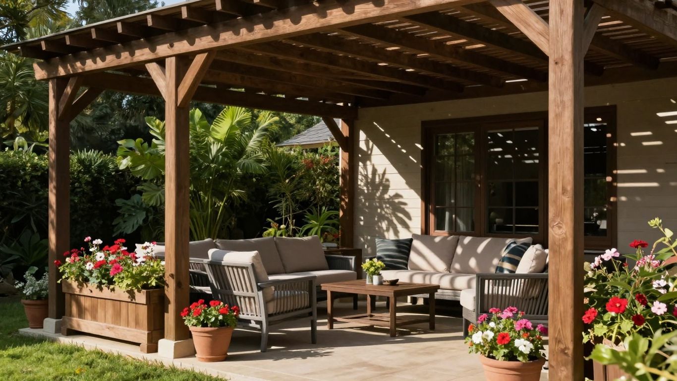 Wooden pergola over a green patio with outdoor furniture.
