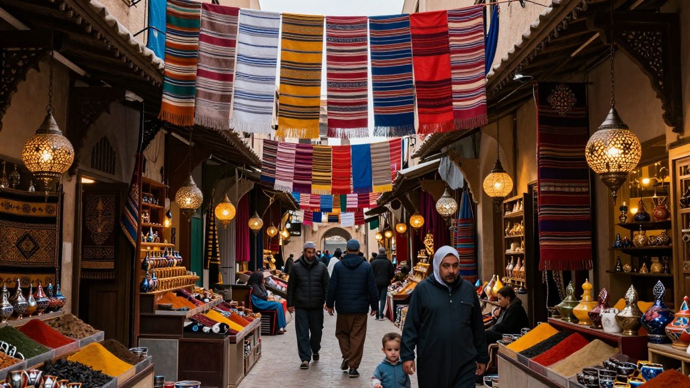Colorful marketplace in Fes, Morocco with textiles and lanterns.