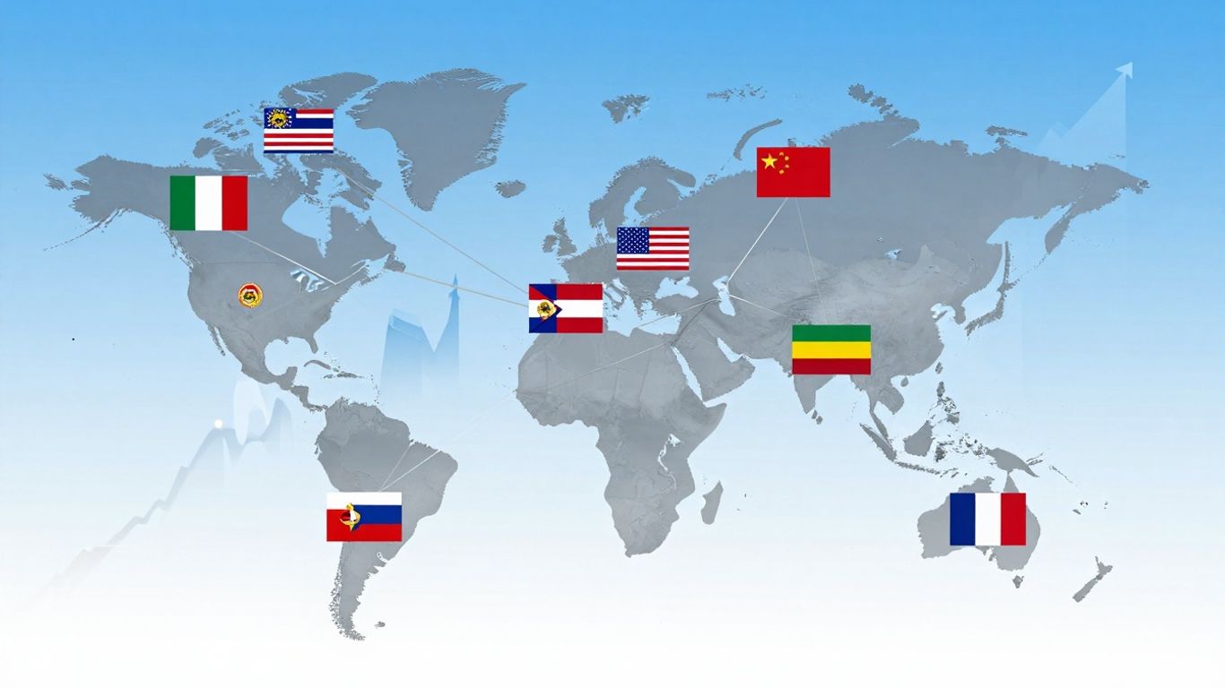 Hărți globale, steaguri naționale, creștere economică, relații internaționale.