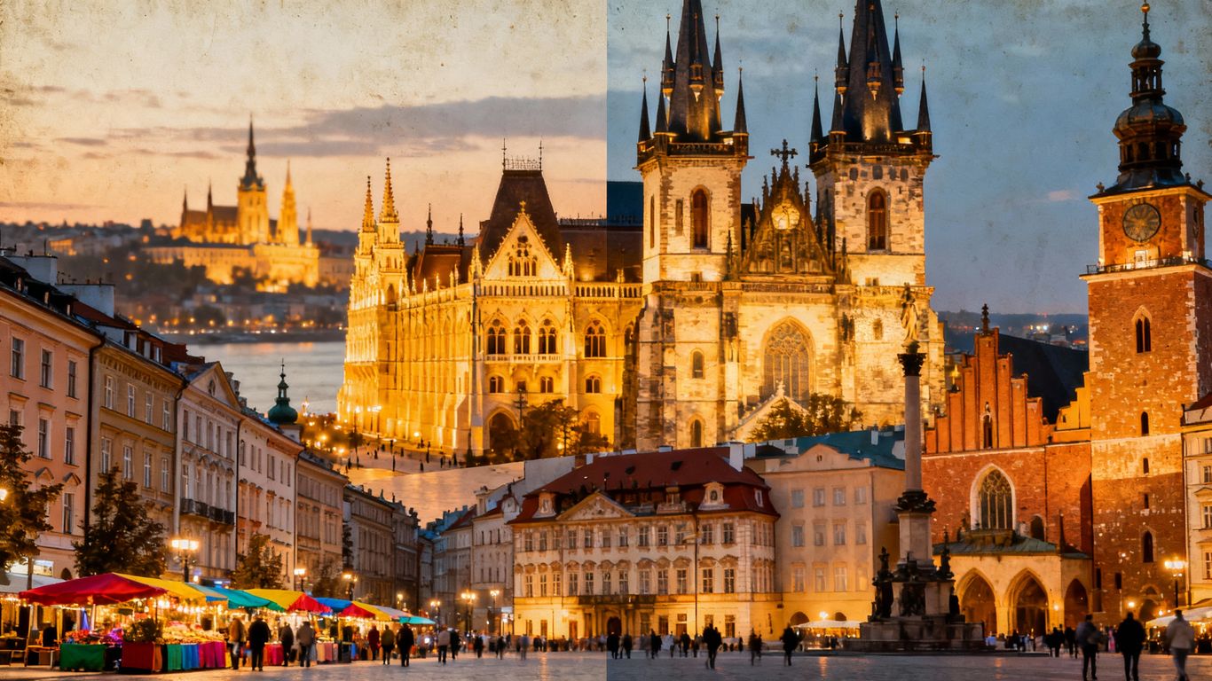 Iconic landmarks of Prague, Budapest, and Krakow under warm sunlight.