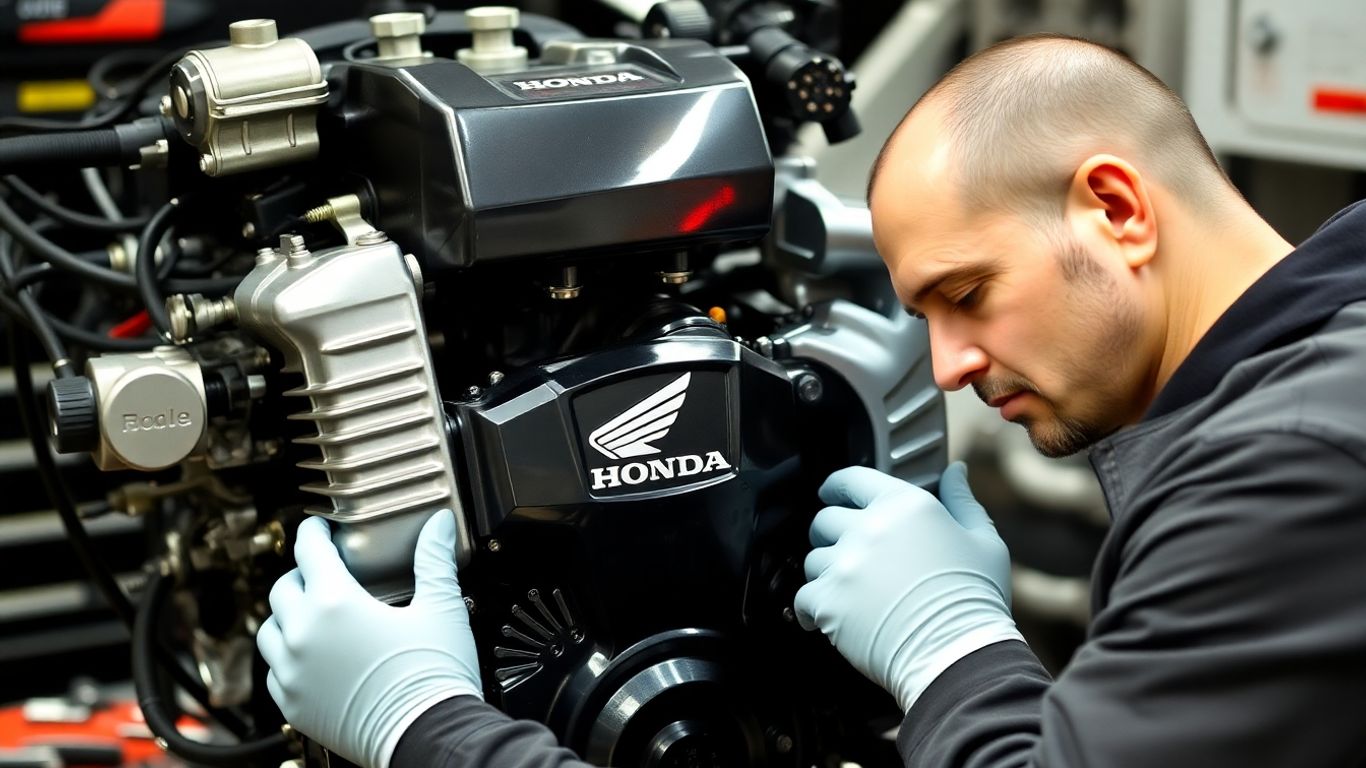 Mechanic working on a clean Honda engine.