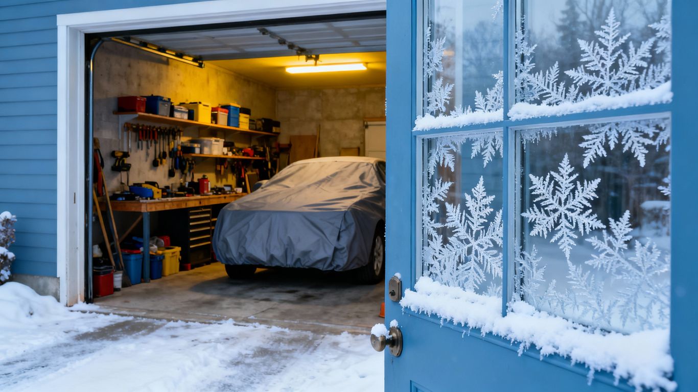 Garage prepared for winter weather with snow outside.