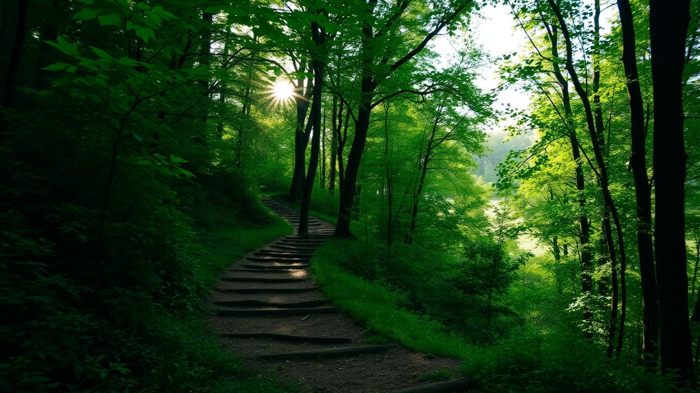 Path ascending through forest towards sunlight