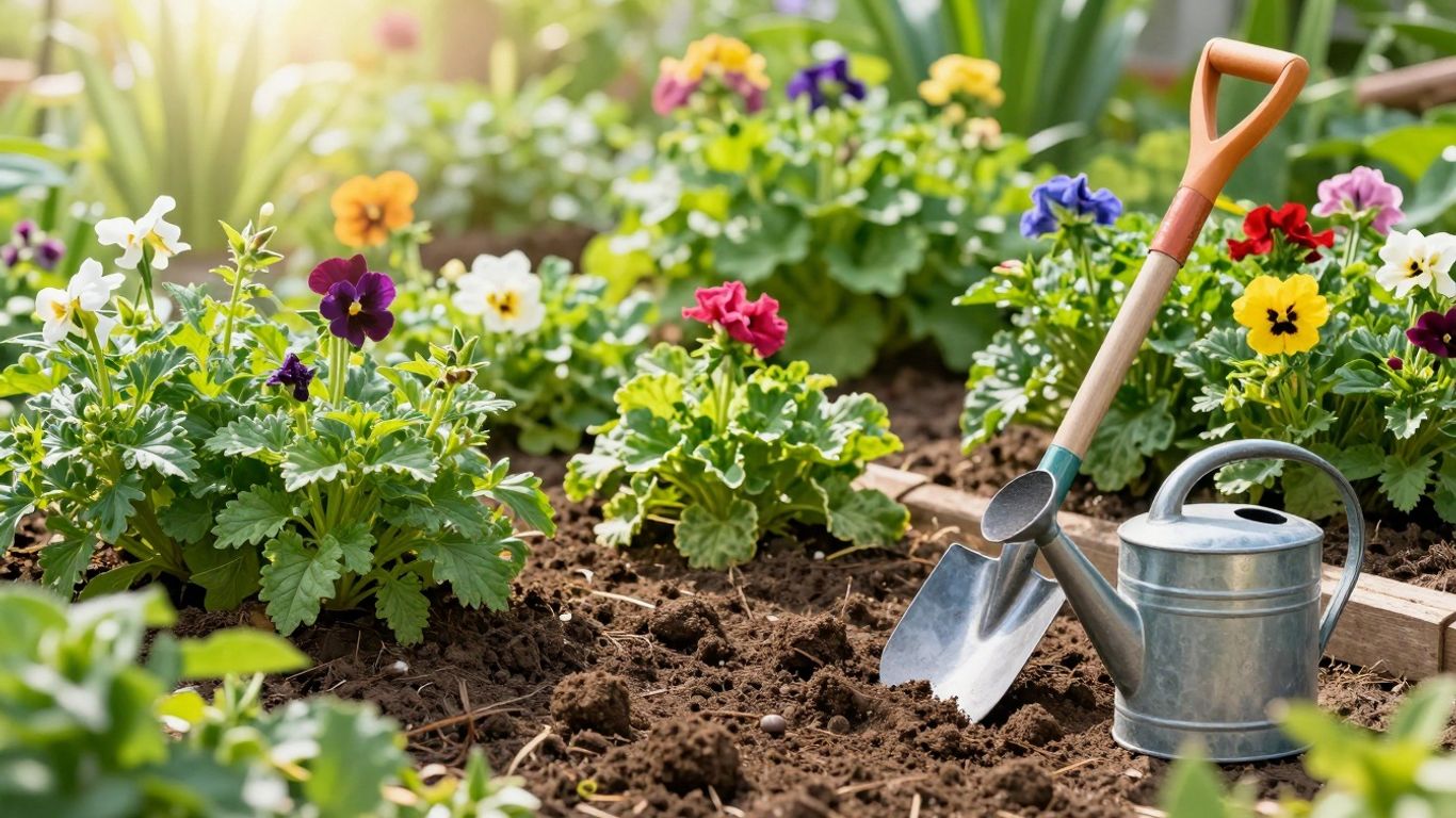 Gartenarbeit im Frühling mit Werkzeugen und Blumen