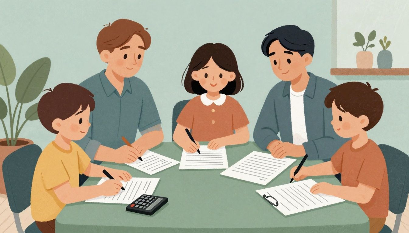 Capa ilustrativa mostrando uma família planejando o orçamento doméstico em uma mesa, com calculadora e planilhas