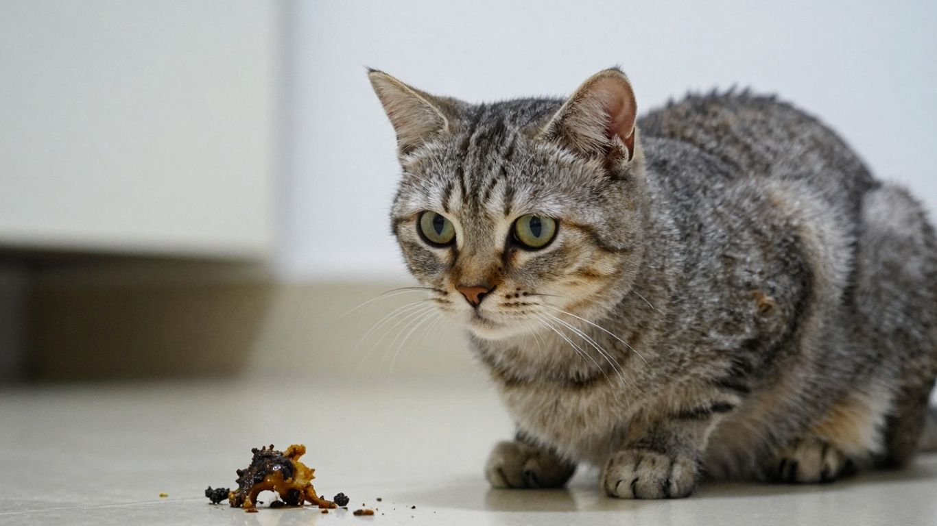 Cat looking concerned near a small pile of vomit.