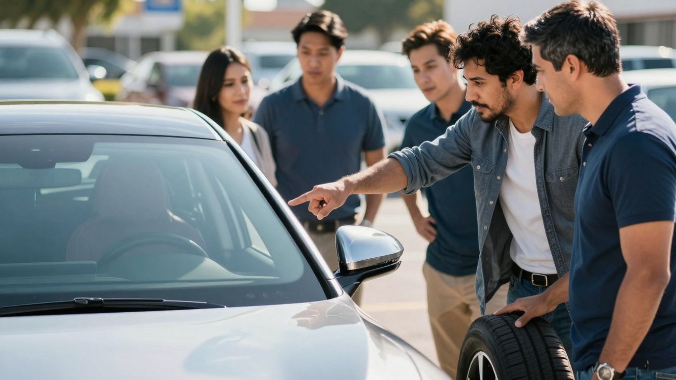 Pessoas inspecionando um carro moderno em uma concessionária.