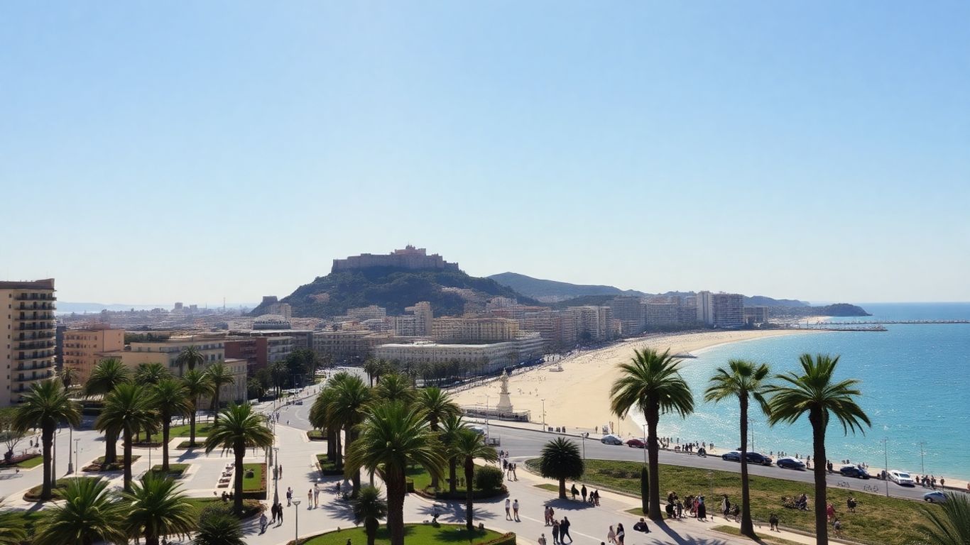 Alicante castle, beach and city skyline with blue sea