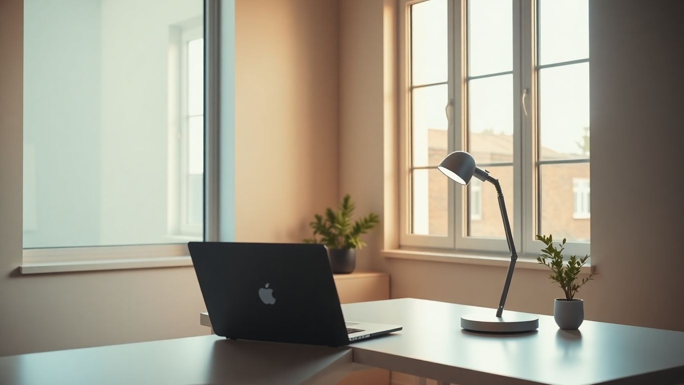 Desk lamp illuminating a productive home office workspace.