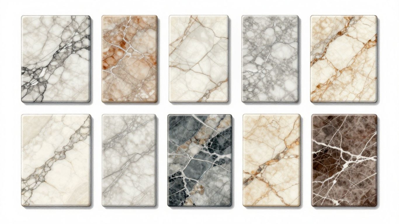 Diverse marble tile samples in an illustrative sketch.