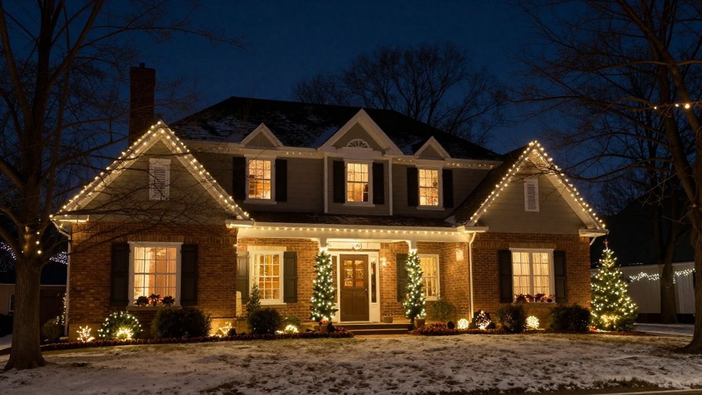 O'Fallon home with permanent Christmas lights at night.
