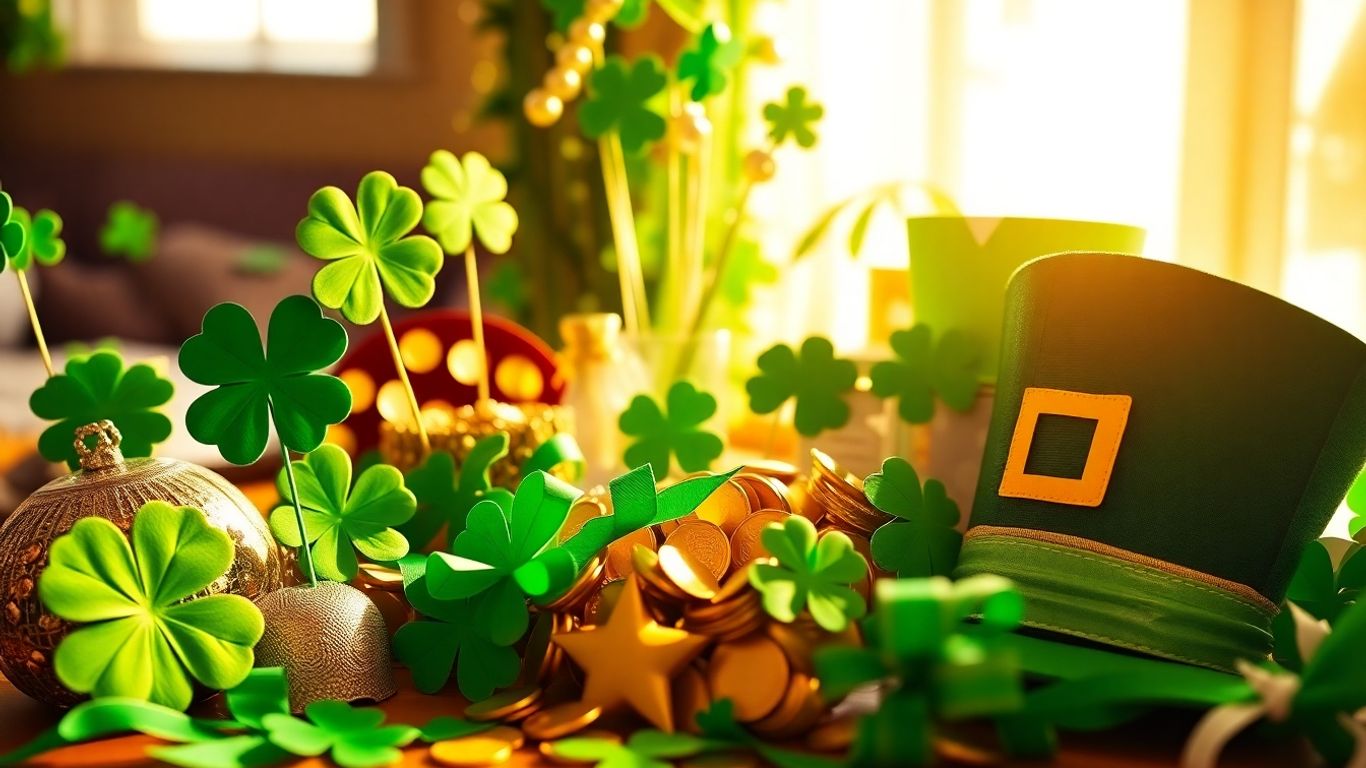 St. Patrick's Day crafts and decor with shamrocks and gold coins.