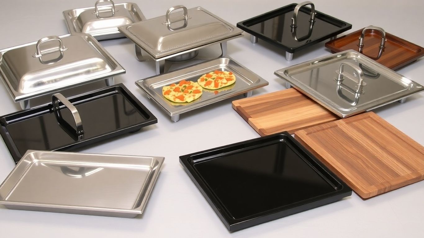 Elegant catering serving trays of various materials.