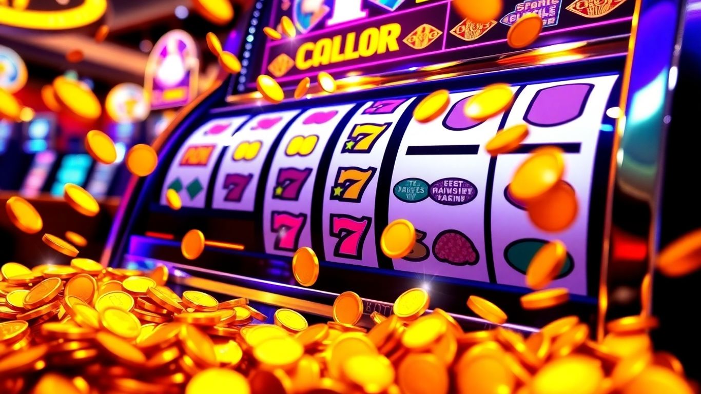 Slot machine with winning symbols and spilling coins.