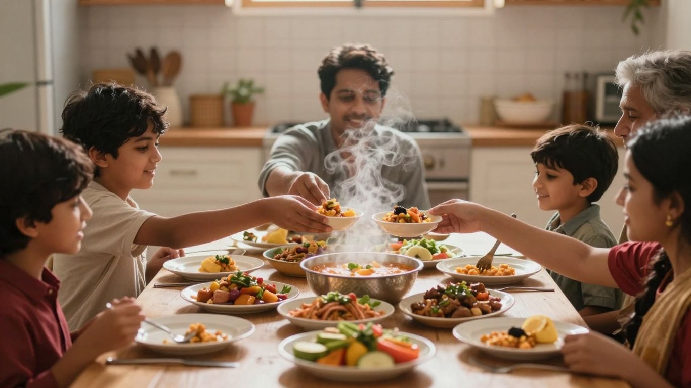 Family sharing diverse food traditions at a table.