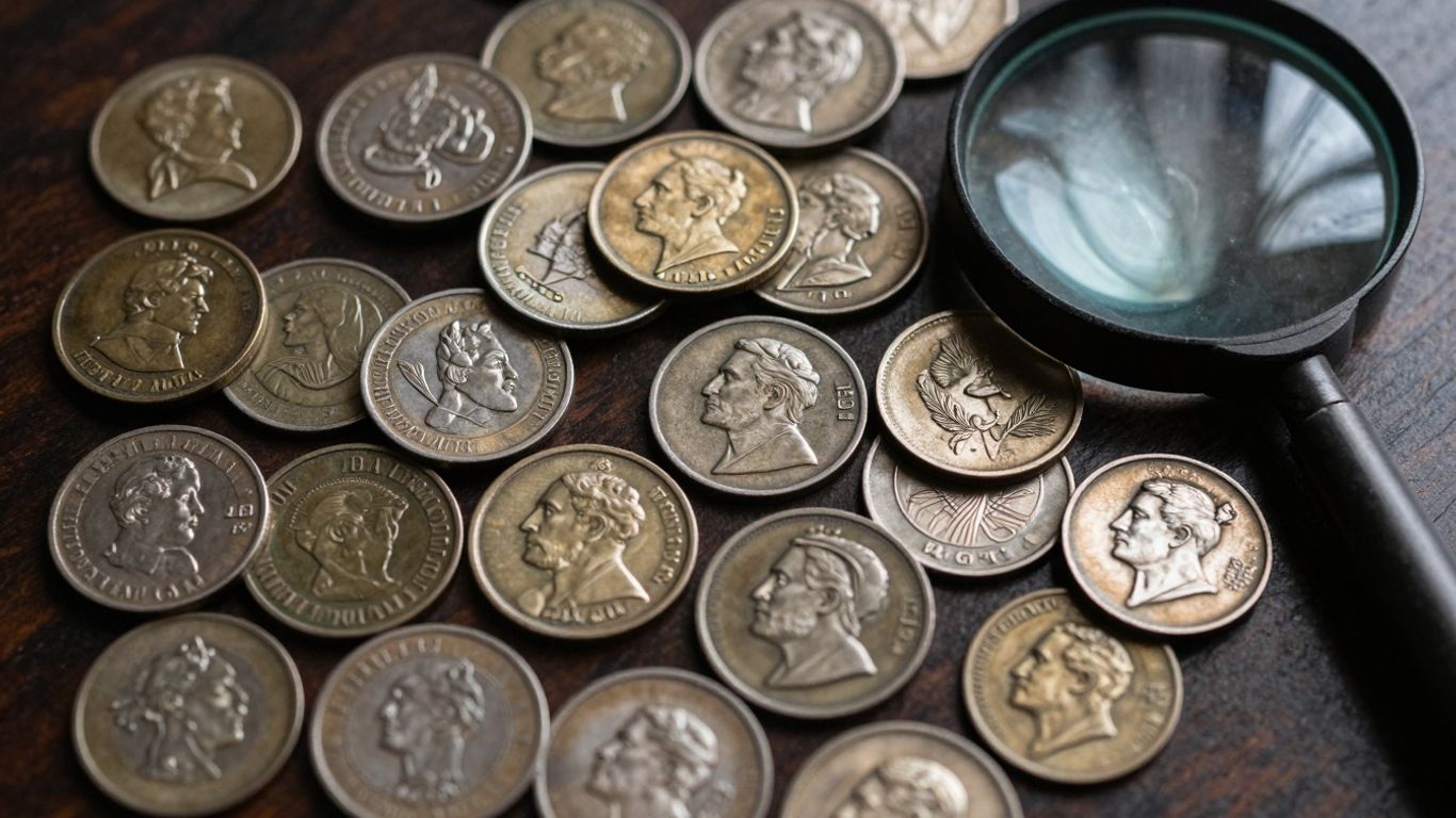 Collection of inherited coins with a magnifying glass.