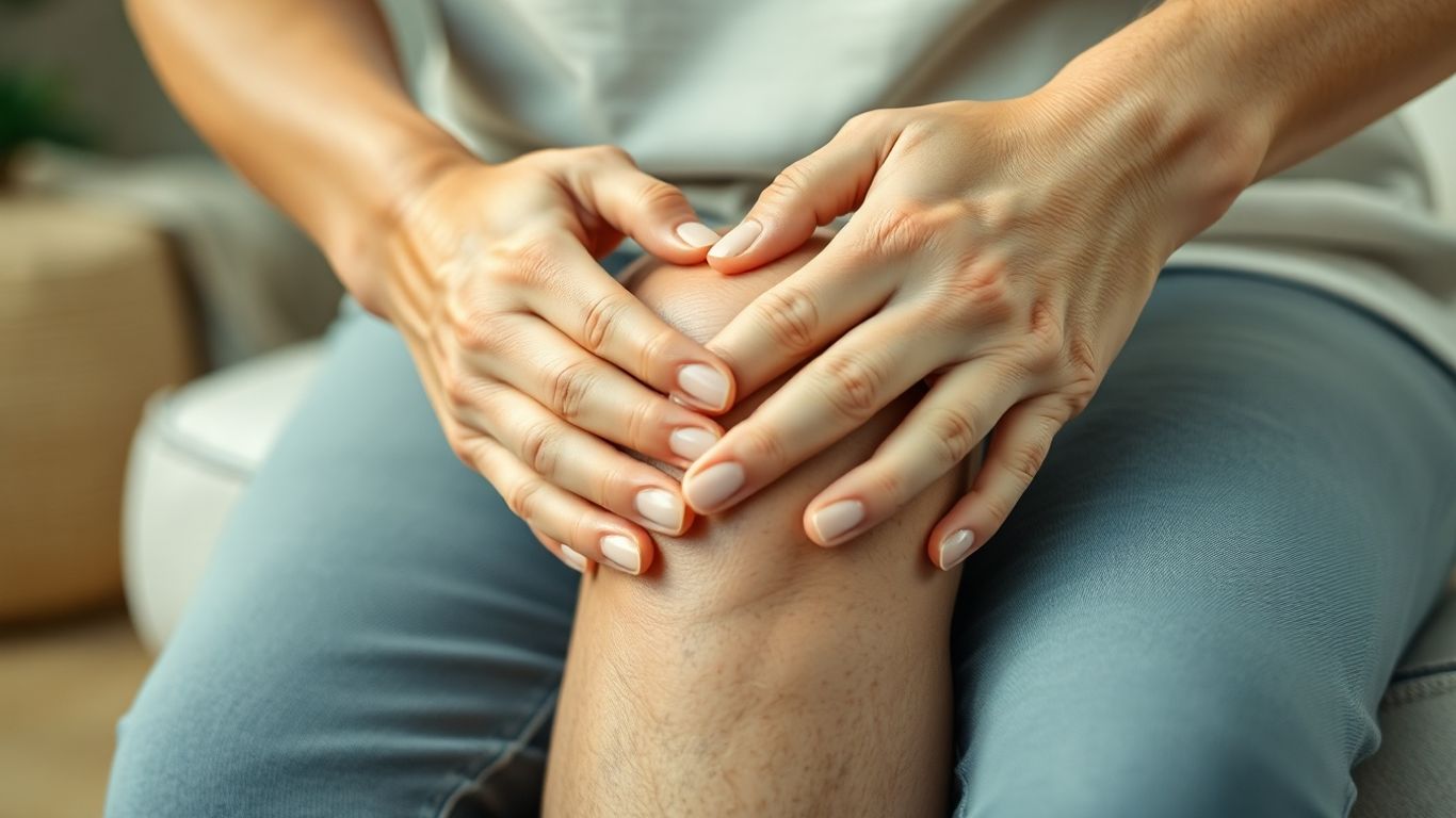 Persoană masând genunchiul afectat de reumatism.