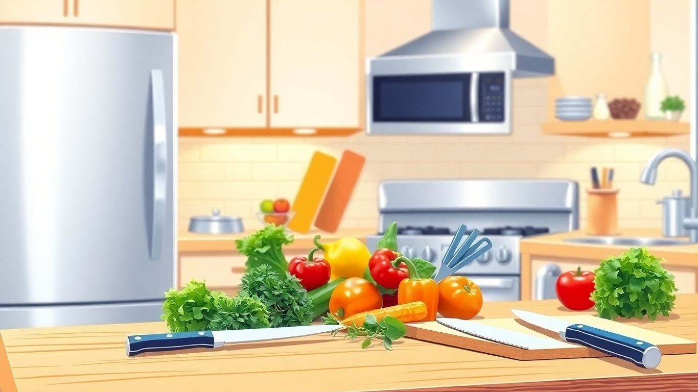 Organised home kitchen with fresh ingredients and cooking utensils.