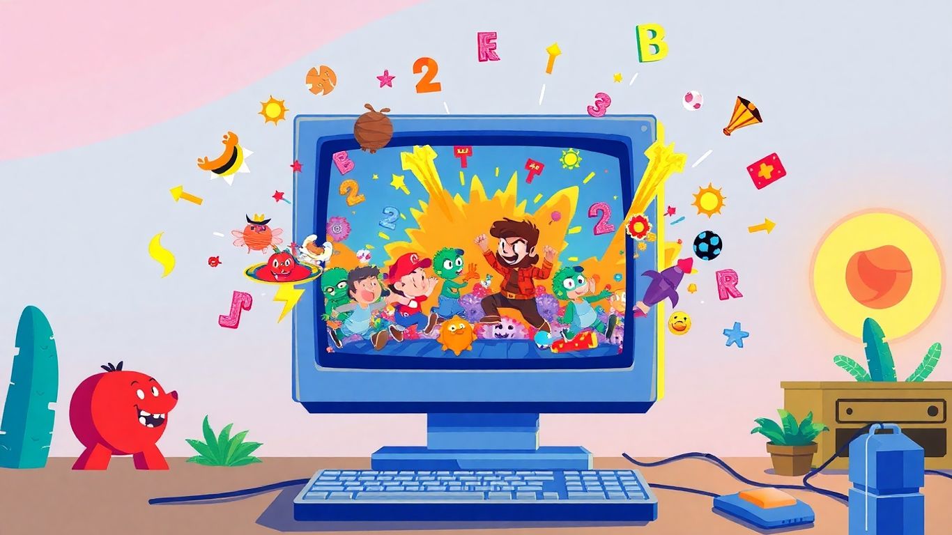 Classic SWF games on a retro computer screen.