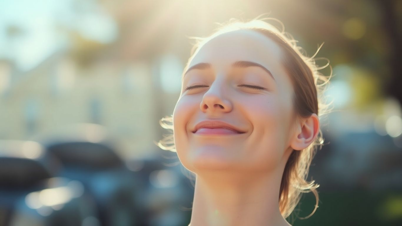 Person meditating peacefully outdoors in sunlight.
