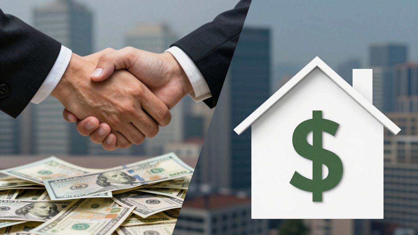 Handshake and house with dollar sign