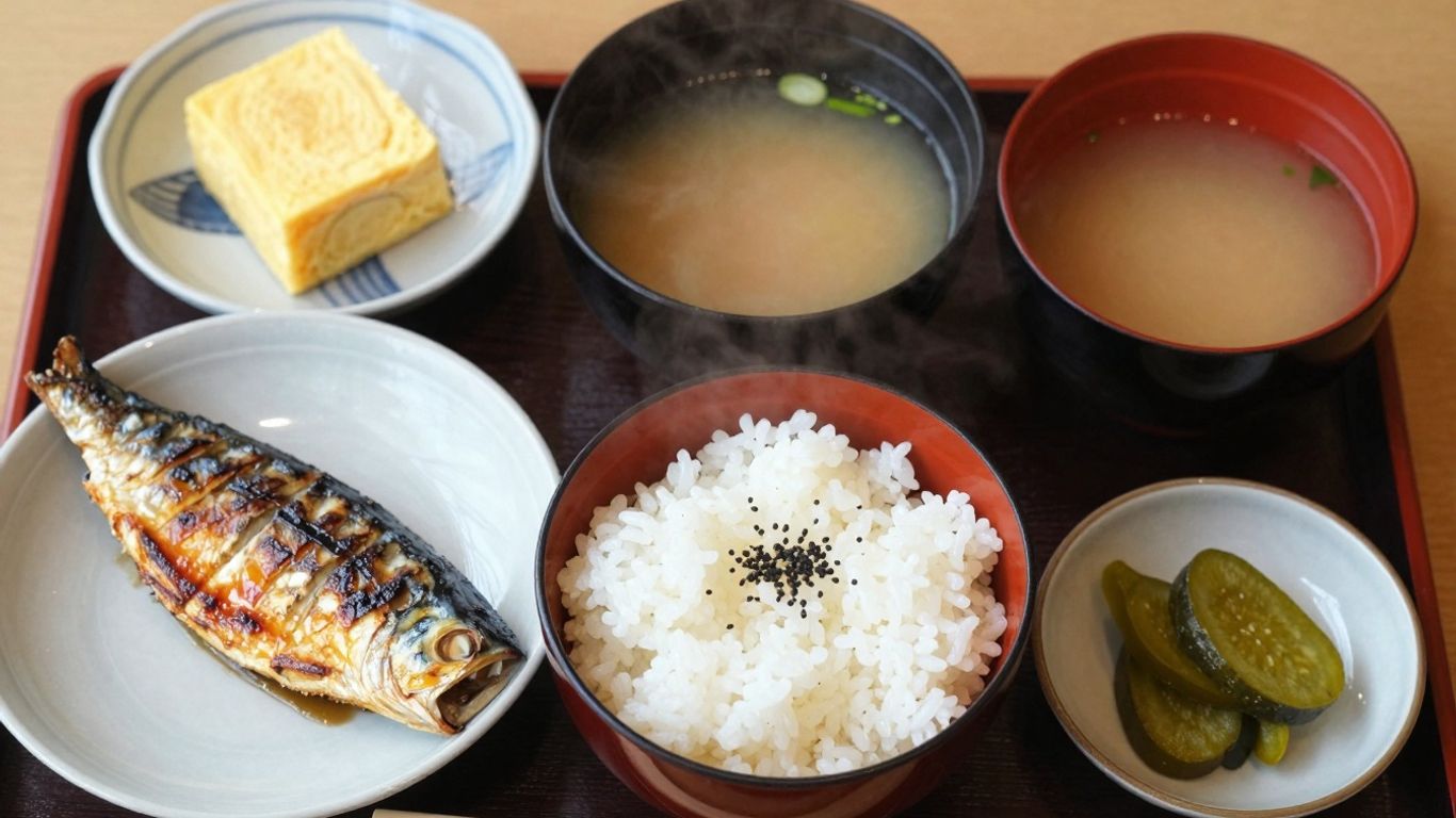 Traditional Japanese breakfast spread with fish, rice, and soup.