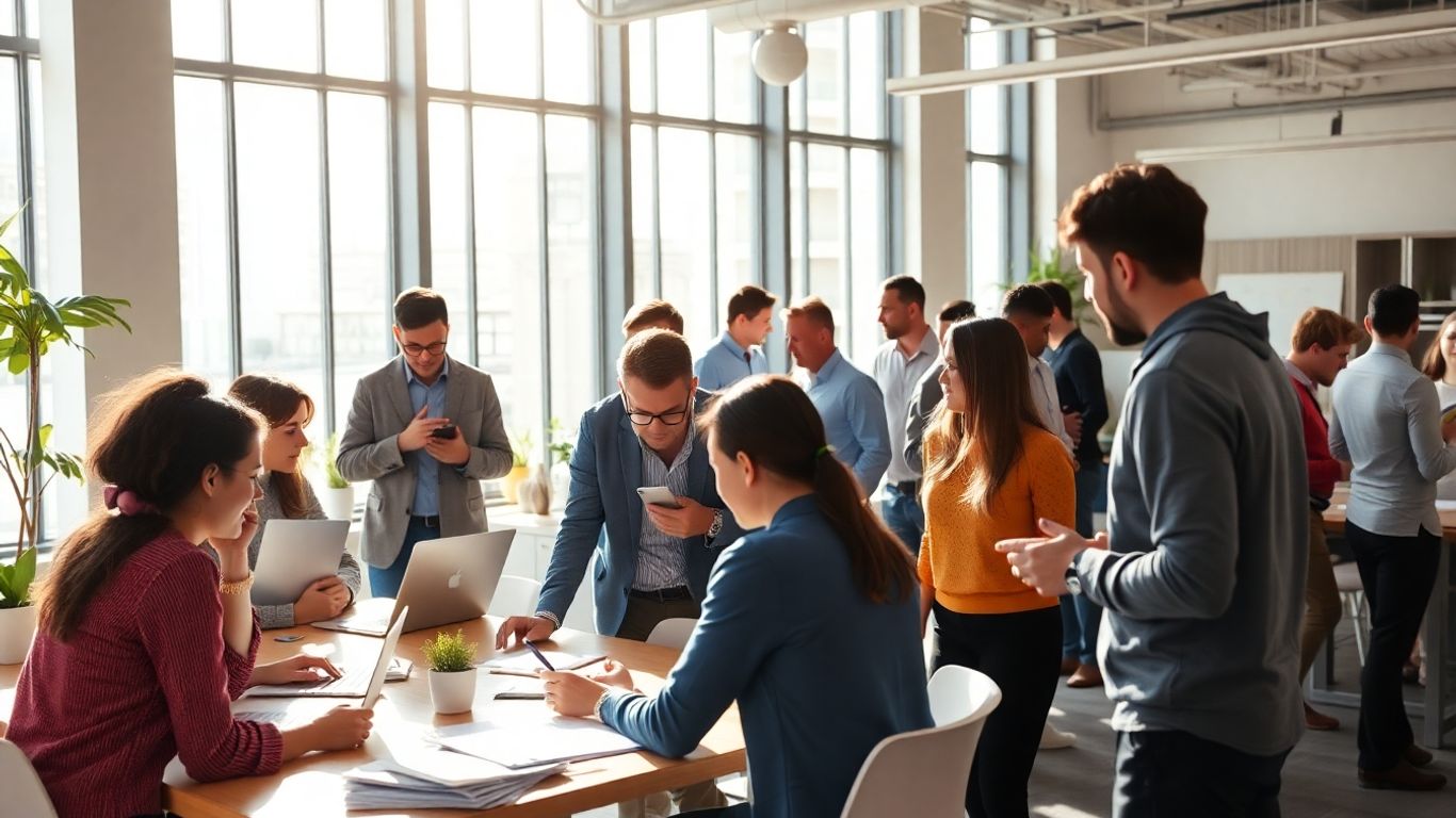 Professionals collaborating in a bright, modern office.