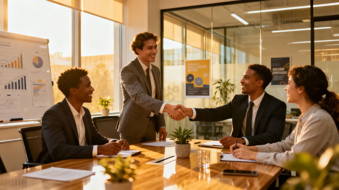 Professionals shaking hands in a bright, modern office.