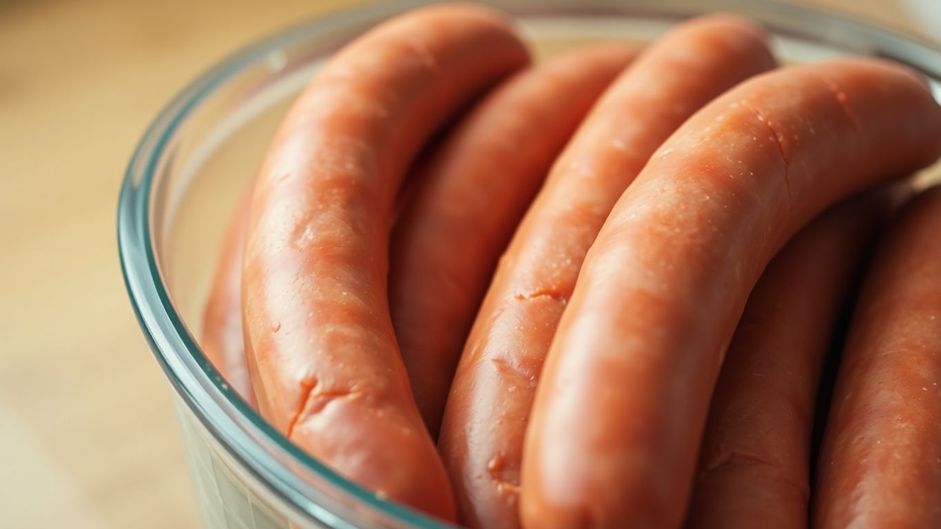 Wurst in einem Glasbehälter im Kühlschrank.