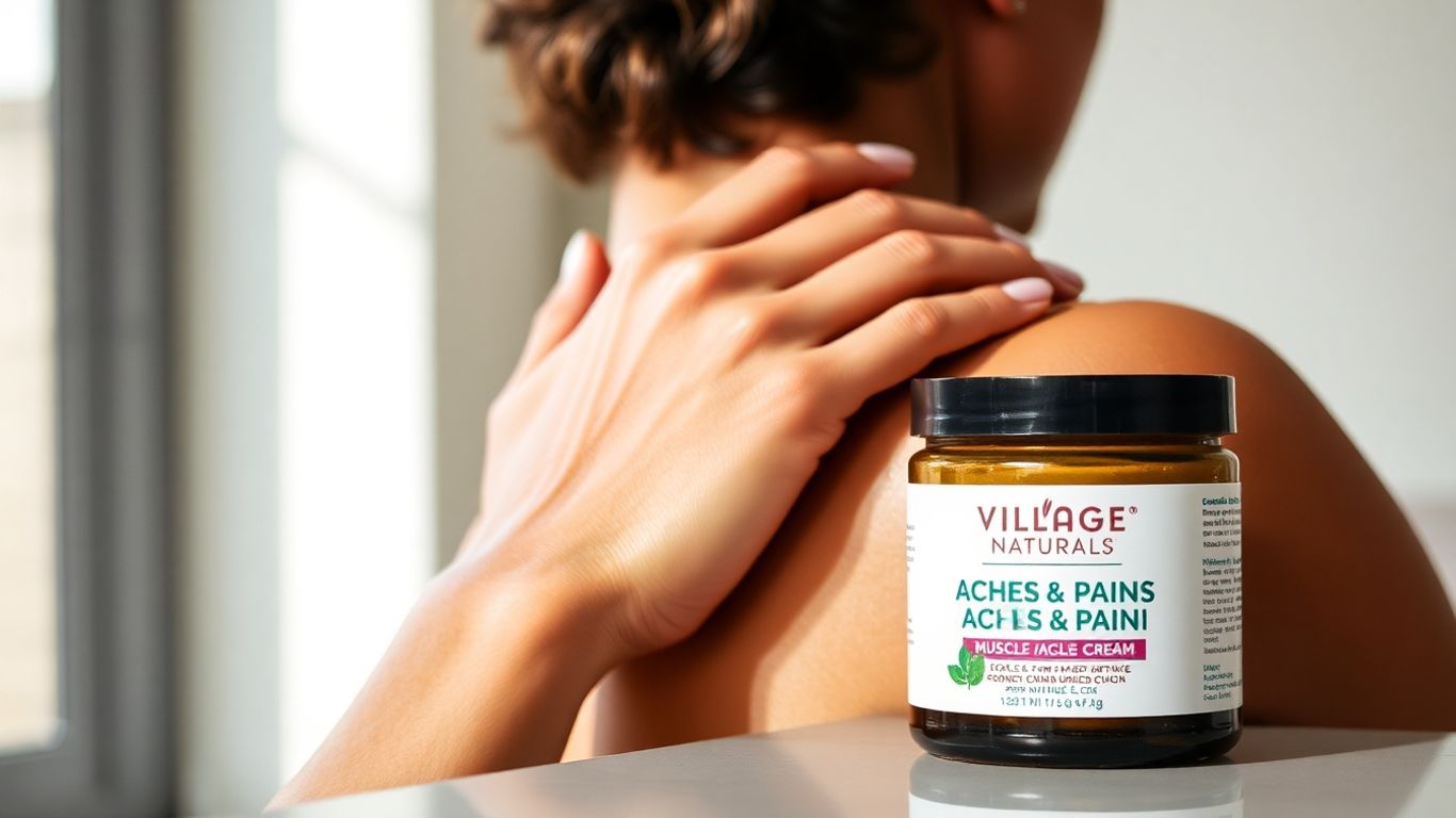 Muscle relief cream jar and person massaging shoulder.