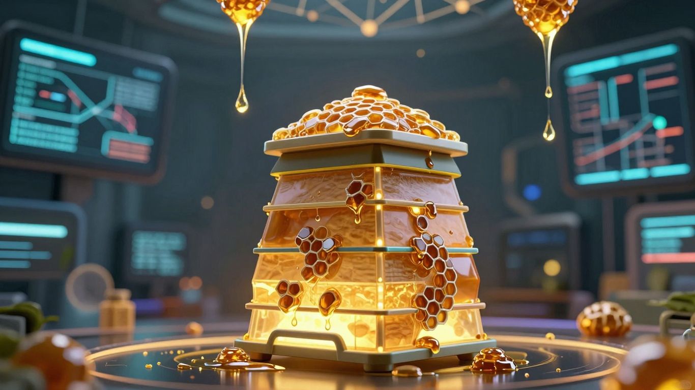Modern beehive structure with glowing light and dripping honey.