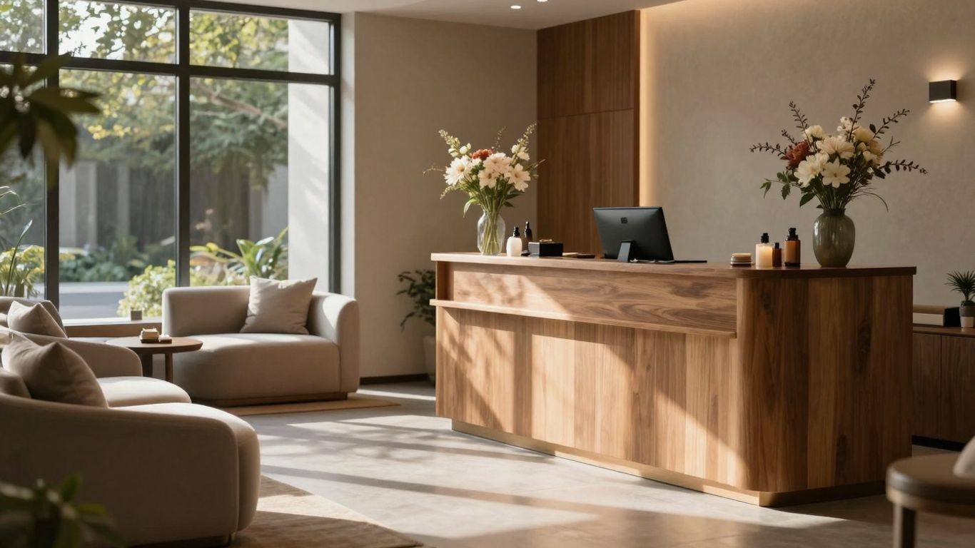 Elegant spa interior with seating and reception desk.