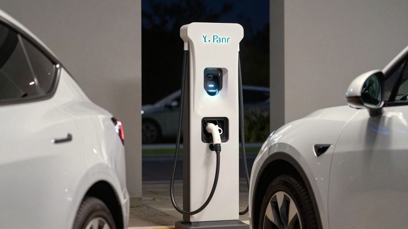 Station de recharge pour voiture électrique la nuit.