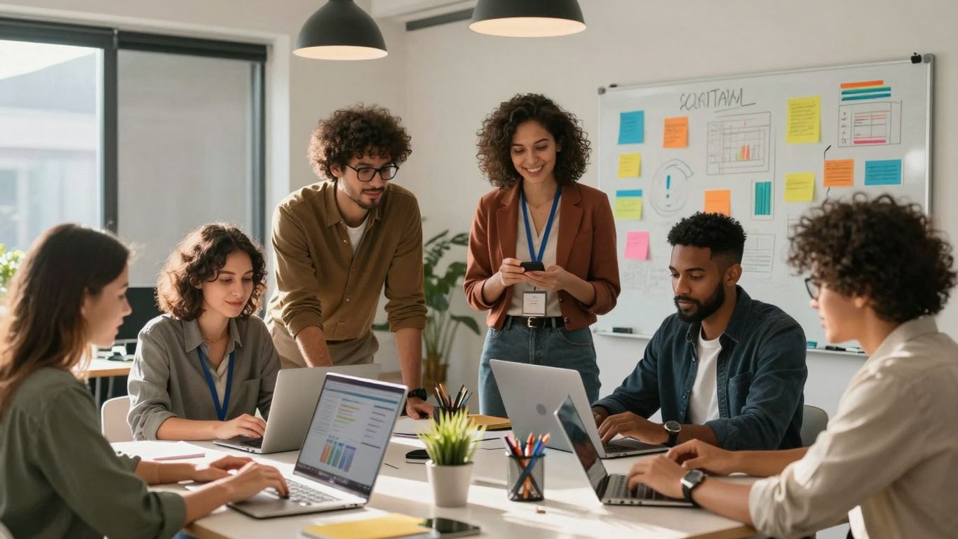 ¿Necesitas una agencia de marketing digital? Descubre cómo potenciar tu negocio online. Equipo trabajando en oficina moderna de marketing digital.