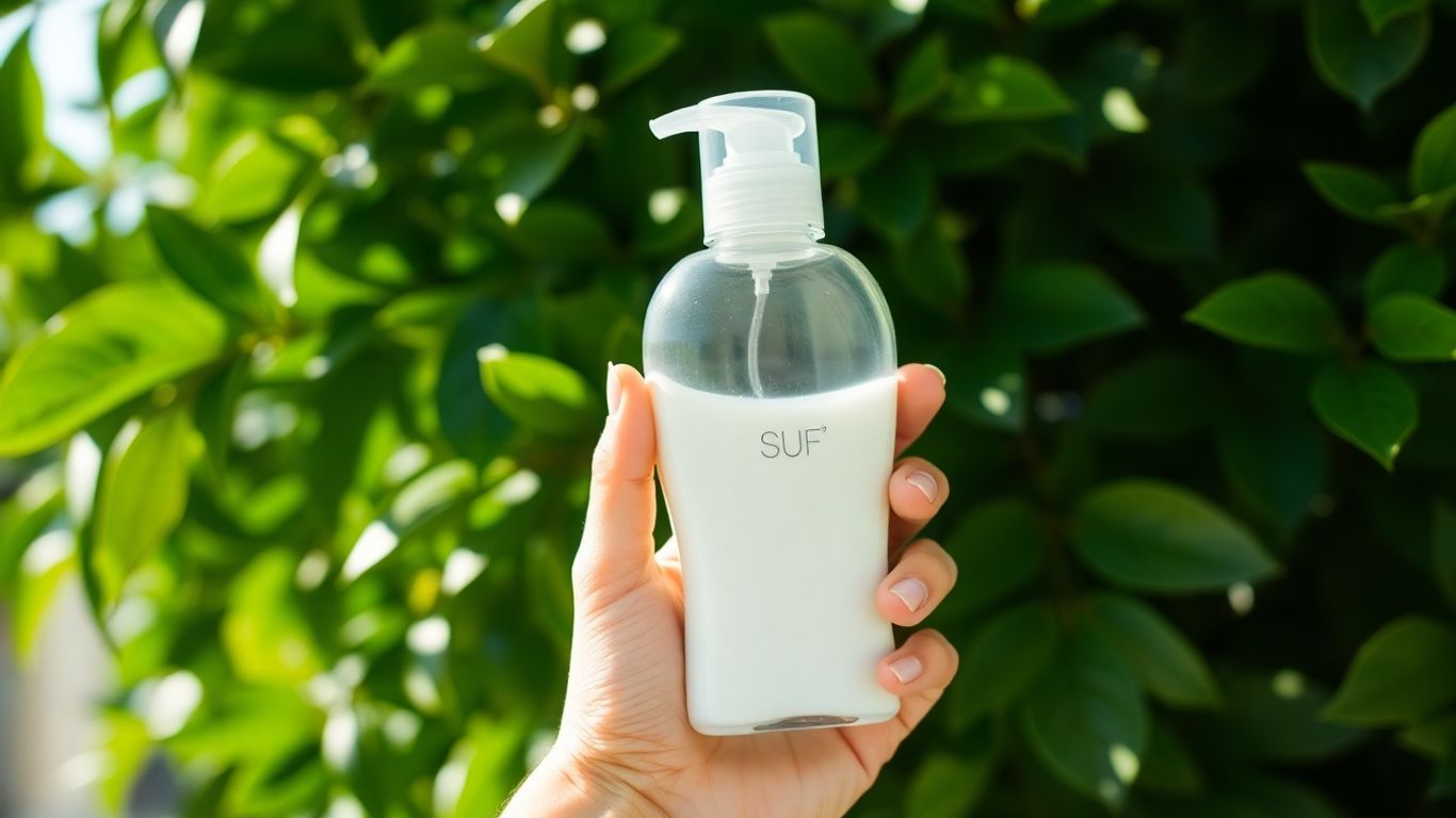 Sonnencreme in der Hand mit Blättern