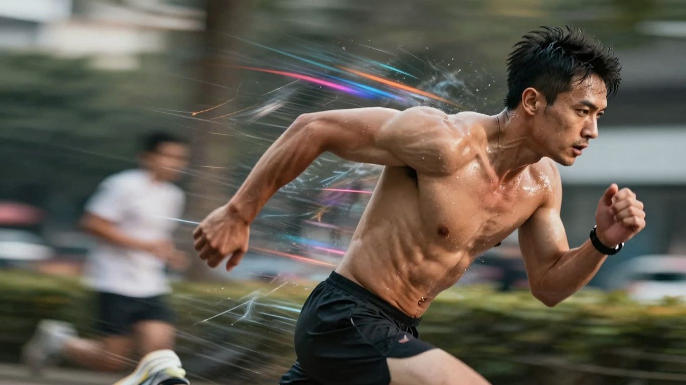 Athlete running intensely with energy trails.