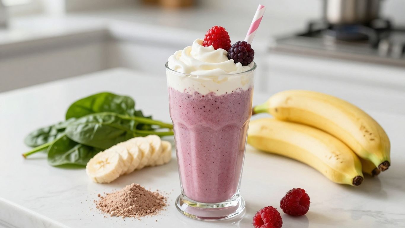 Healthy breakfast shake with berries and spinach