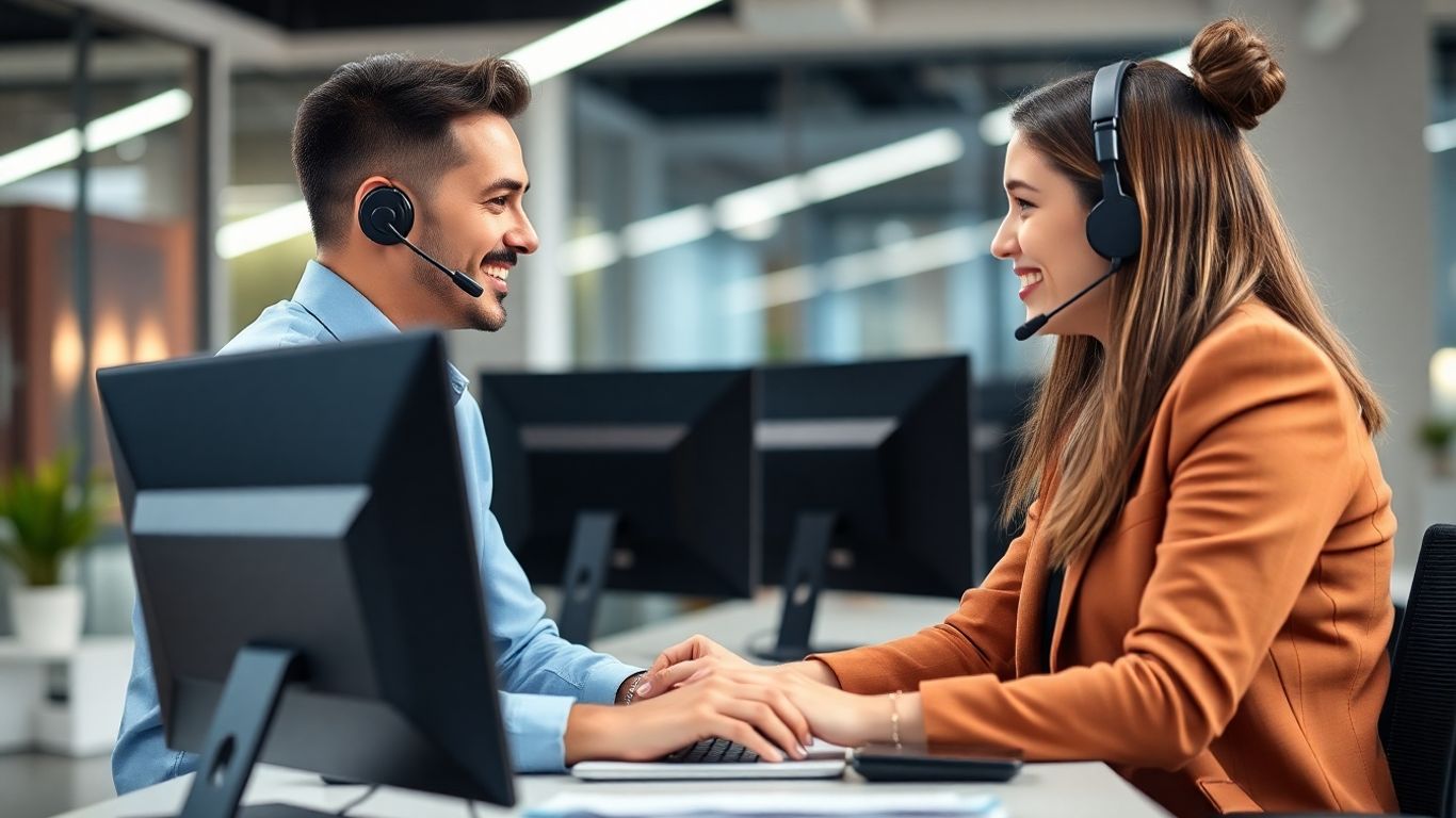 Customer service agent assisting client in modern office.