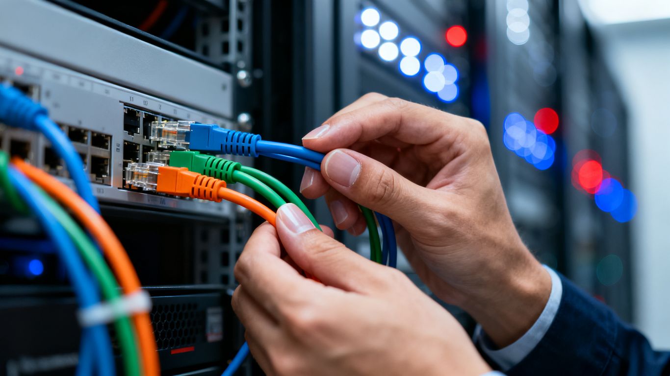 Technician connecting colorful data cables in a server room.