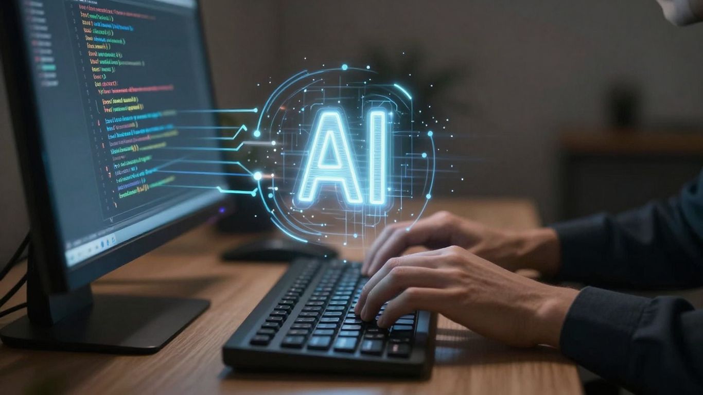 Developer coding with AI integration visualized.