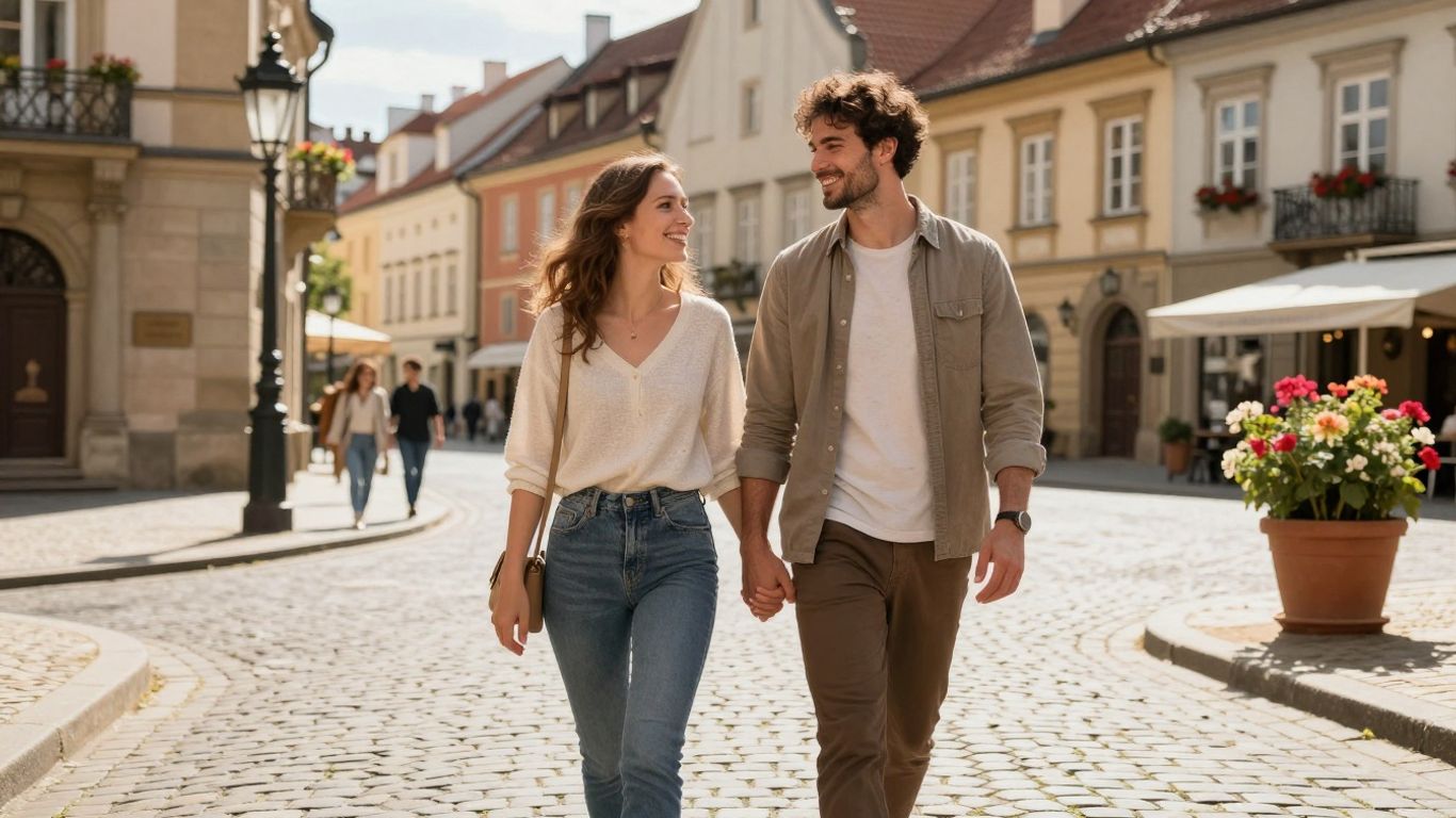 Glückliches Paar spaziert durch eine europäische Stadt.