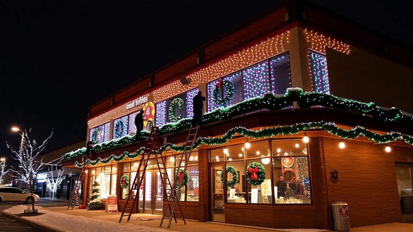 Commercial building with Christmas lights and workers in winter