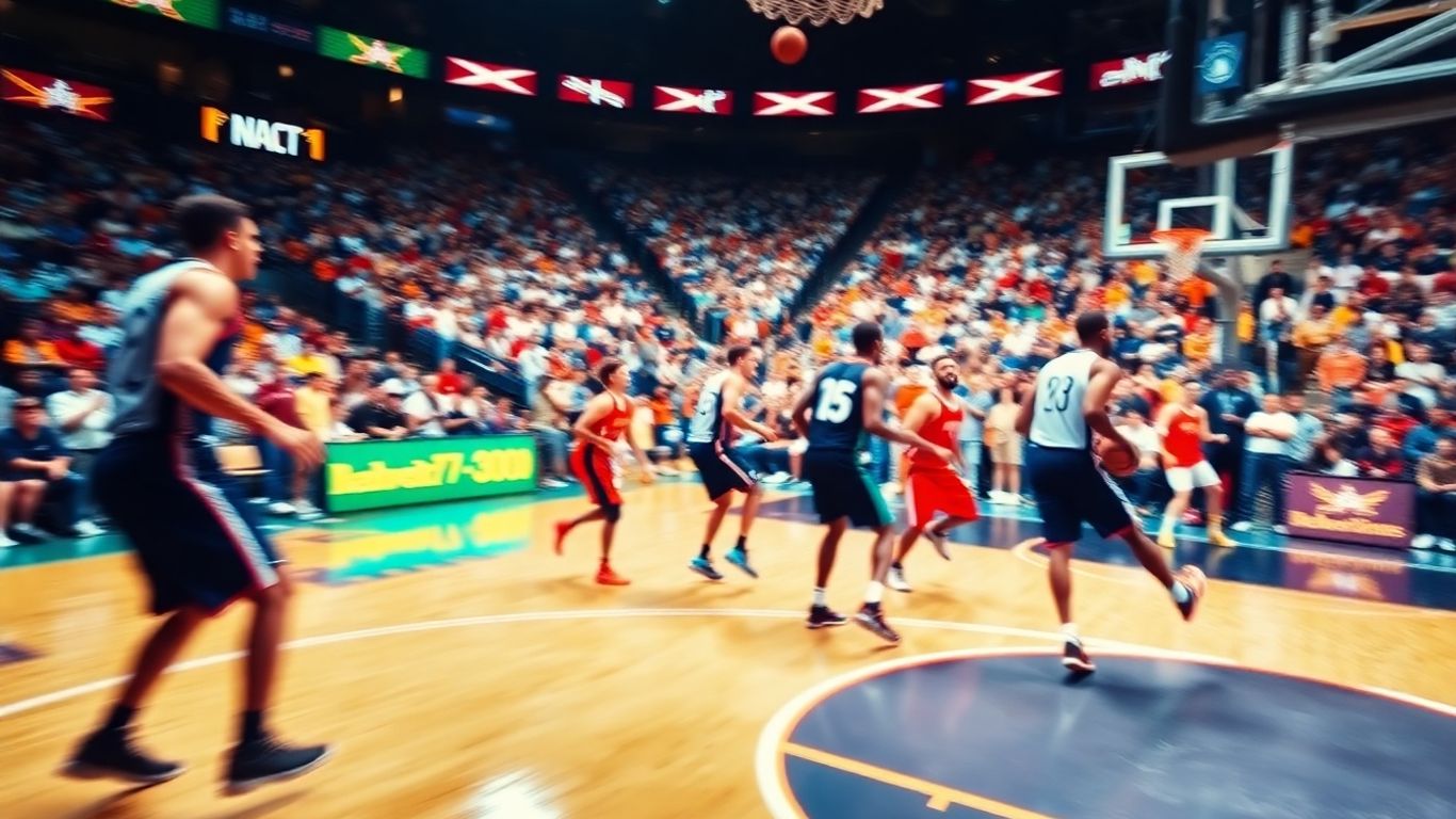 Basketball players in action on a vibrant court.