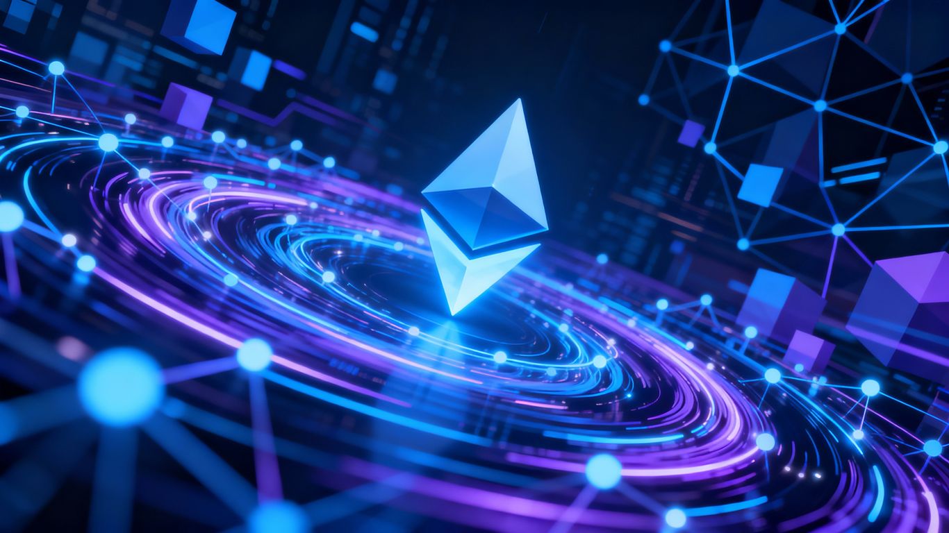 Ethereum logo with abstract digital network elements.