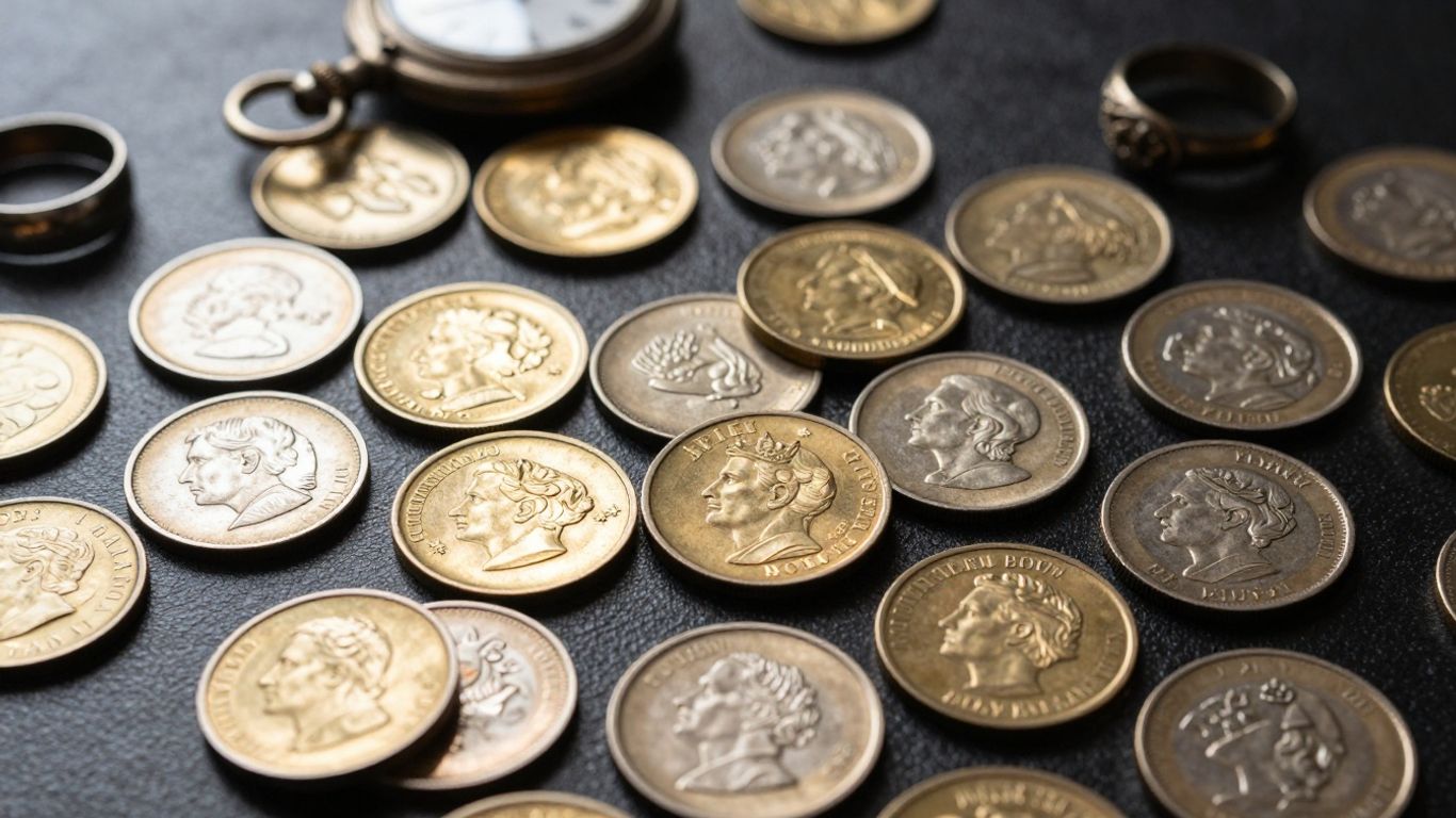 Collection of valuable coins and antique jewelry.