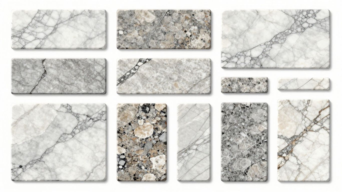 Natural stone slabs with unique veining and textures.